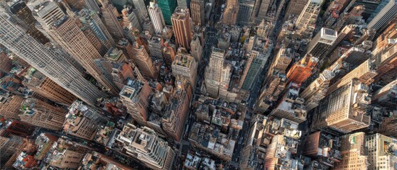 Aerial View of Urban Cityscape with Skyscrapers, Streets, and Rooftops in a Bustling Metropolitan Area during Daylight