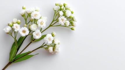 Fototapeta premium Elegant white flowers with delicate petals and green leaves, arranged beautifully on a subtle gray background for peaceful and calming atmosphere