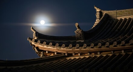 Moonlit Serenity: Traditional Asian Roof and Celestial Orb at Night