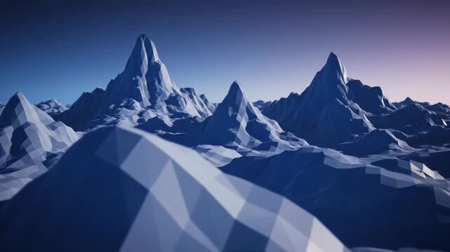 Majestic low poly mountain range, serene twilight sky, snow capped peaks, 3D abstract icy geology, vast outdoor nature landscape, evoking wonder, awe