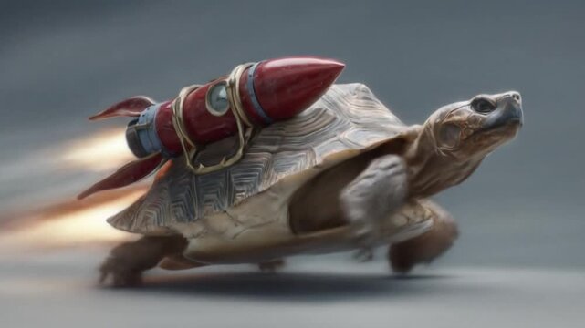A determined turtle charges forward, strapped to a red rocket booster on its armored shell, blazing