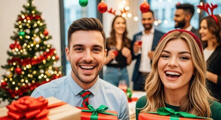 Happy young man and woman celebrating Christmas holiday party, smiling and holding festive gifts with friends and a decorated tree in the background.