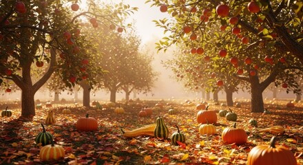 Autumnal Abundance: A Serene Orchard Scene with Pumpkins and Apples