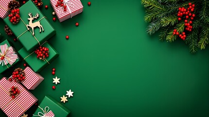 Festive Christmas holiday background with beautifully wrapped gift boxes, fir branches, and decorations on a green table top view