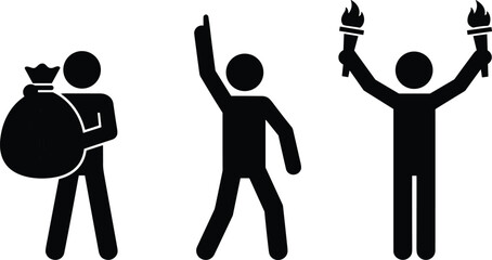Stick figure icons holding money bag, raising hand, and carrying torches, simple pictogram illustration for finance, protest, celebration concepts