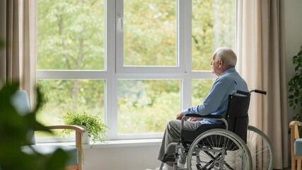 Elderly man wheelchair interior home contemplation sadness, senior looking window, pensive man gazing, evoking longing, reflecting life memories, quiet thought - Powered by Adobe