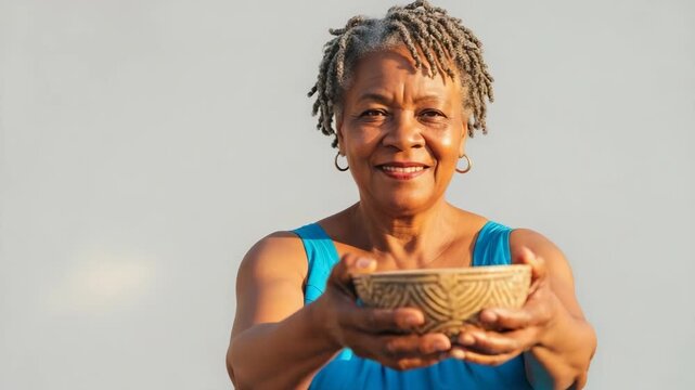 Mature Black adult female, fifty, with ethnic features, holding woven bowl, smiling, confident, inviting expression, radiating contentment, gentle spirit, lifetime of experience, calm demeanor