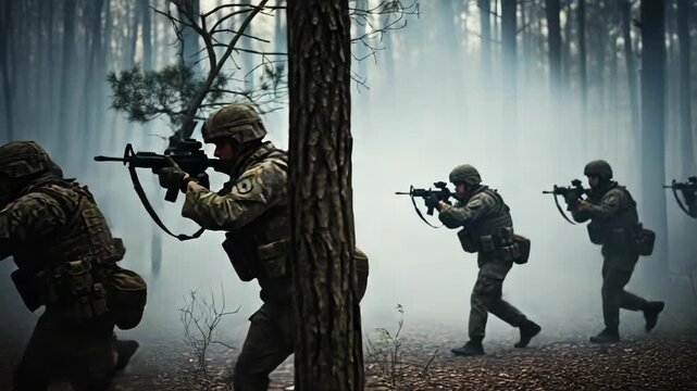Military Force Unit in Combat Battle Determined Soldier Team Advances Through Misty Forest, Ready for War, Embodying Courage and Unity in Perilous Army Group Scenario