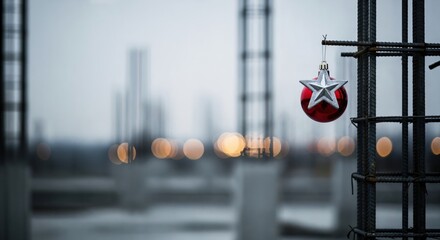 Festive red and silver Christmas bauble with a star hanging on industrial rebar at an unfinished construction site, with blurred bokeh lights in the background