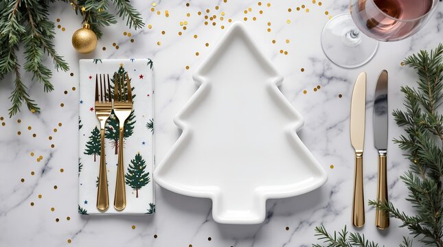 Elegant Christmas dinner table setting with a tree-shaped plate, golden cutlery, and festive decorations on a marble background
