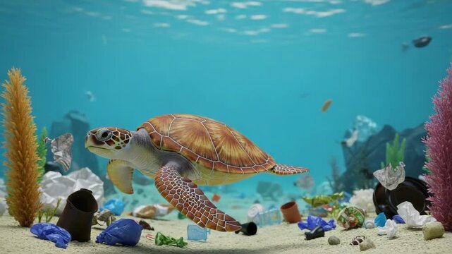 Sad sea turtle swims through underwater ocean environment filled with plastic waste and debris, highlighting ecological crisis and environmental damage impacting marine life. Ocean pollution harms