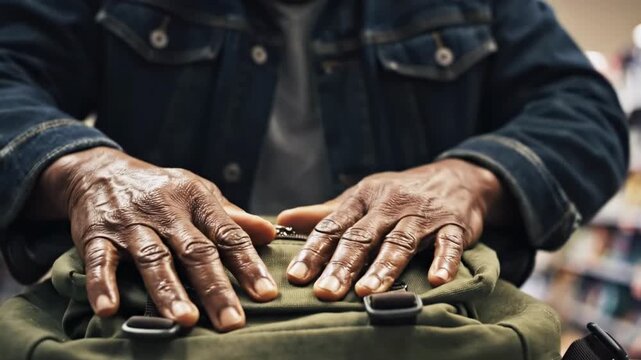 Close-up of hands unbuckling a green canvas backpack worn over a dark denim jacket, indoors. scene