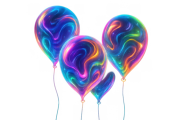 Vibrant plasma balloons floating with abstract swirling neon colors, celebration background on transparent alpha channel