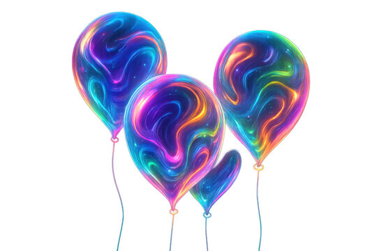 Vibrant plasma balloons floating with abstract swirling neon colors, celebration background on transparent alpha channel
