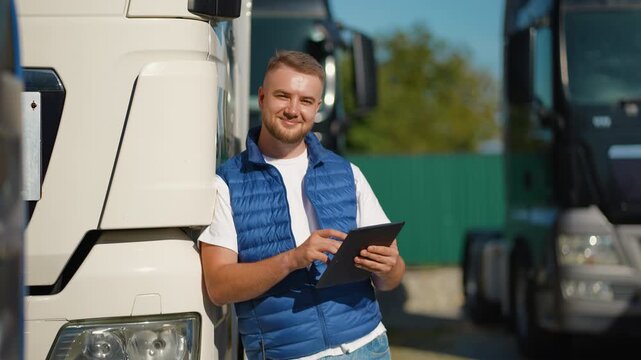 Professional truck driver using digital tablet for logistics management - Powered by Adobe
