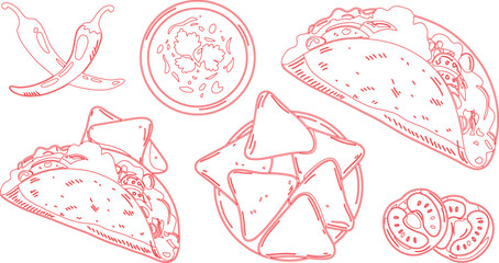 Red Outline Drawing Tacos, Nachos, Salsa, Peppers, and Tomato Slices on White Background