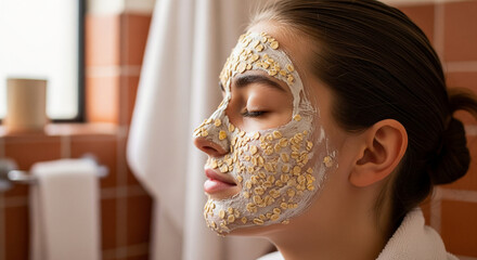 Serene young woman relaxing in a bathroom with a natural homemade oatmeal facial mask for a calming skincare routine and beauty treatment