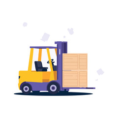 Naklejka premium Yellow and purple forklift lifting wooden boxes, isolated on a white background, cartoon illustration