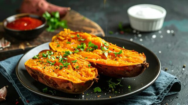 Golden Baked Sweet Potato Delights: A close-up showcases golden-brown baked sweet potatoes, meticulously cut and artfully garnished with herbs, and served alongside complementary sauces. 