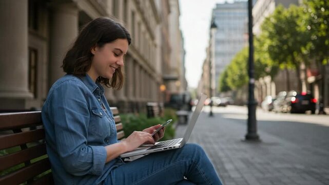 Joyful female person, happy woman, smile face, technology usage, computer notebook work, productive leisure, urban setting, sunny day, engaged with laptop, outdoor bench, enjoying scenery