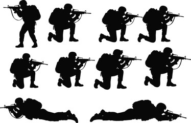 Obraz premium Silhouette soldiers aiming rifles in various tactical positions, standing kneeling and crawling combat poses, military operation illustration for design