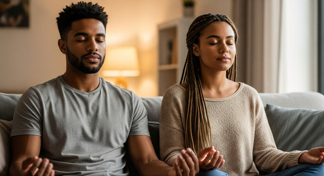 Young serene African American couple practicing meditation together on the sofa, enjoying mindfulness for stress relief and mental well-being at home