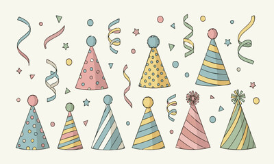 Collection of festive party hats and colorful confetti for birthday celebrations, joyful events, and fun-filled occasions