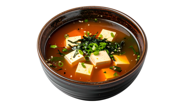 Miso soup bowl with tofu, seaweed, and green onion garnish