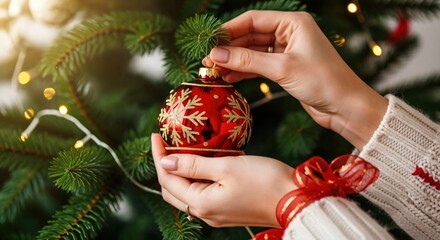 Close-up of female hands decorating a festive Christmas tree with a red snowflake ornament and string lights during the holiday season.