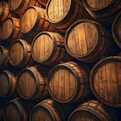 Stacked Wooden Barrels In Rustic Storage Setting With Warm Lighting And Traditional Craftsmanship Texture