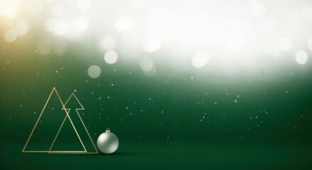 Elegant Christmas background with minimalist golden wireframe trees and a silver ornament on a dark green surface, featuring festive bokeh lights and subtle glitter.