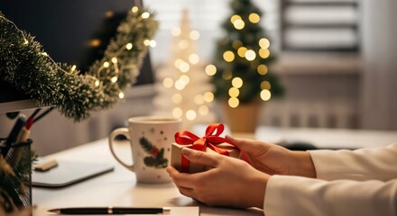 Close-up of female hands holding a small festive Christmas gift box with a red ribbon, surrounded by holiday decorations on an office desk