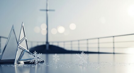 Elegant winter holiday display featuring abstract silver Christmas trees and sparkling snowflakes against a bright, serene background