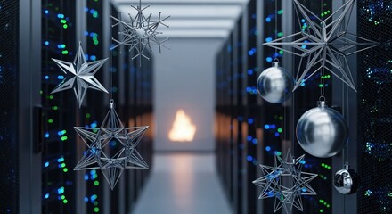 Festive Christmas Decorations Adorn a Modern Data Center with Blinking Server Lights and a Warm Fireplace Glow