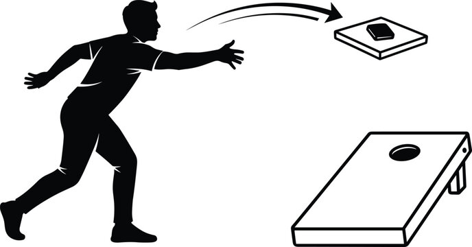 Silhouette man throwing bean bag in cornhole game, outdoor sports activity illustration, aiming at target board, competitive backyard game scene