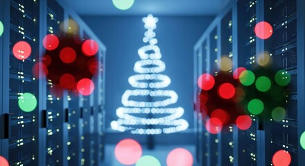 Festive Christmas Tree Lights Illuminate a Modern Data Center Server Room with Bokeh Effect