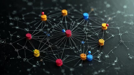 A complex network of colorful nodes and connecting lines on a dark, textured surface.