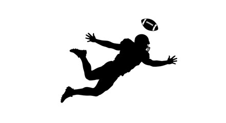 Black silhouette of a football player diving to catch a football against a white background