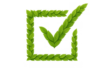Green leaves creating a check mark symbol inside a square, representing nature-friendly concepts, agreement, and certification. Transparent background