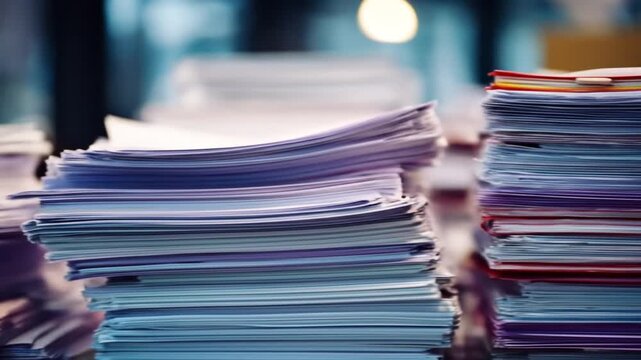 Bright stacks of colored paper dominate the foreground, with a soft, out-of-focus office background!