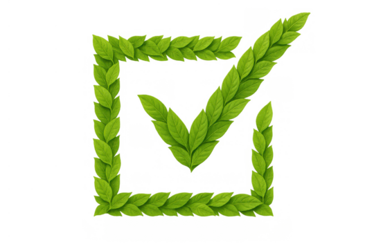 Green leaves creating a check mark symbol inside a square, representing nature-friendly concepts, agreement, and certification. Transparent background
