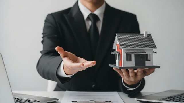 Professional Real Estate Agent Business Confident Male Human Offers Miniature House, Symbolizing New Home or Investment Opportunity, Providing Expertise and Trustworthy Advice for Homeownership