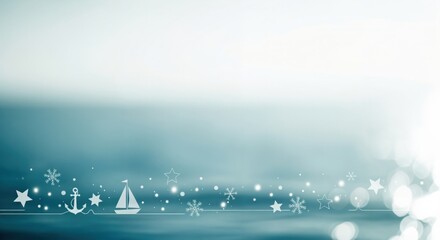 Dreamy blue background with sparkling white outlines of a sailboat, anchor, stars, and snowflakes, creating a serene holiday atmosphere with bokeh lights.
