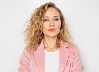 Close-up portrait of professional woman in pink wool coat, straight confident gaze