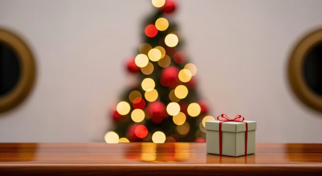 Small festive gift box with a red ribbon on a polished wooden table, set against a beautifully blurred Christmas tree adorned with warm holiday lights, perfect for seasonal celebrations.