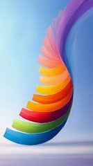 A vibrant, abstract composition features a flowing wave of rainbow-colored bands against a gradient blue background.