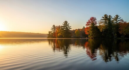 Reflections on Still Water: A Serene Autumnal Lake Landscape at Dawn