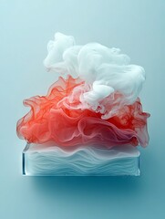Red and white smoke-like forms are suspended above a clear, rectangular container filled with wavy, translucent blue liquid.