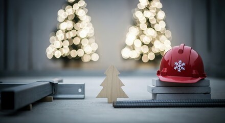 Festive red construction hard hat with snowflake and wooden Christmas tree on a concrete floor with blurred holiday lights in the background, symbolizing winter work and seasonal cheer.