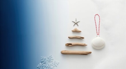 Minimalist Driftwood Christmas Tree with Starfish Topper and Seashell Ornament on a Blue and White Winter Holiday Background